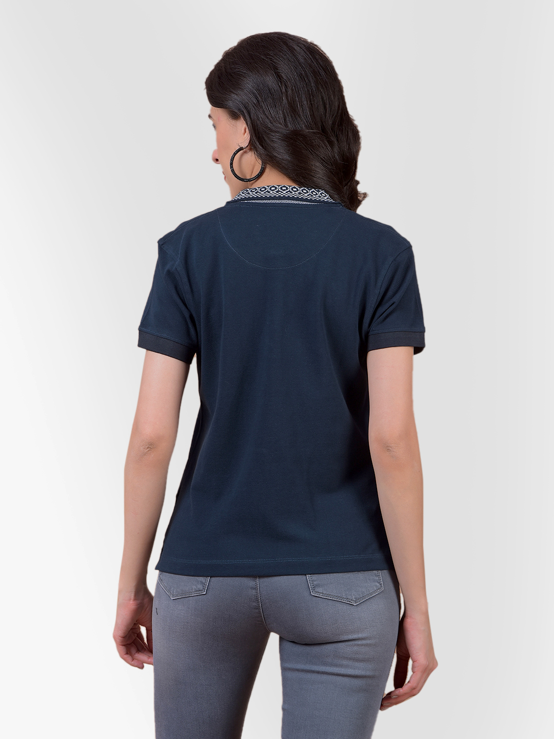 Numero Uno Women Charcoal Polo Neck T-Shirt With Printed Collar